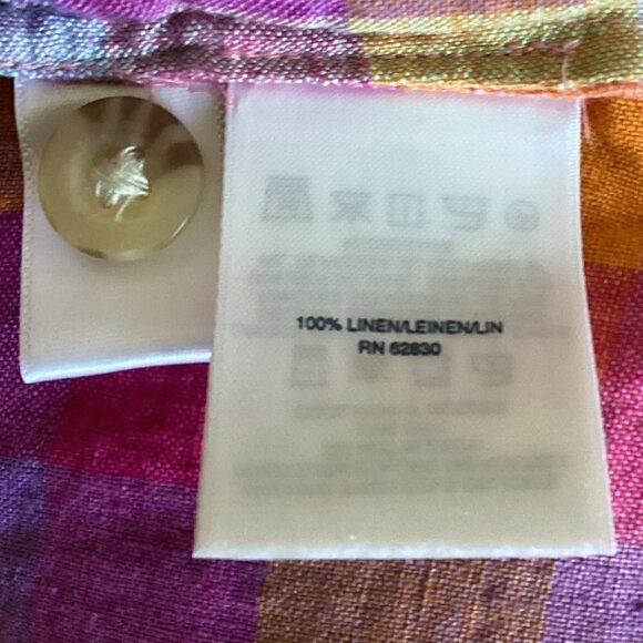 Lands End Linen Rainbow Plaid Button Shoulder Lagenlook Top Sz L #141P - Picture 7 of 8
